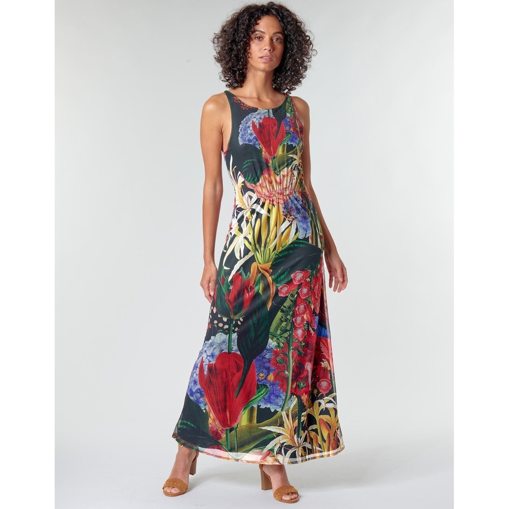 Desigual Floral Mesh Maxi Dress Womens Medium Black Sleeveless Sheer Overlay